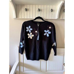 Aecda Floral Appliqué Knit Sweater New With Tags | Black Textured Flower Sweater